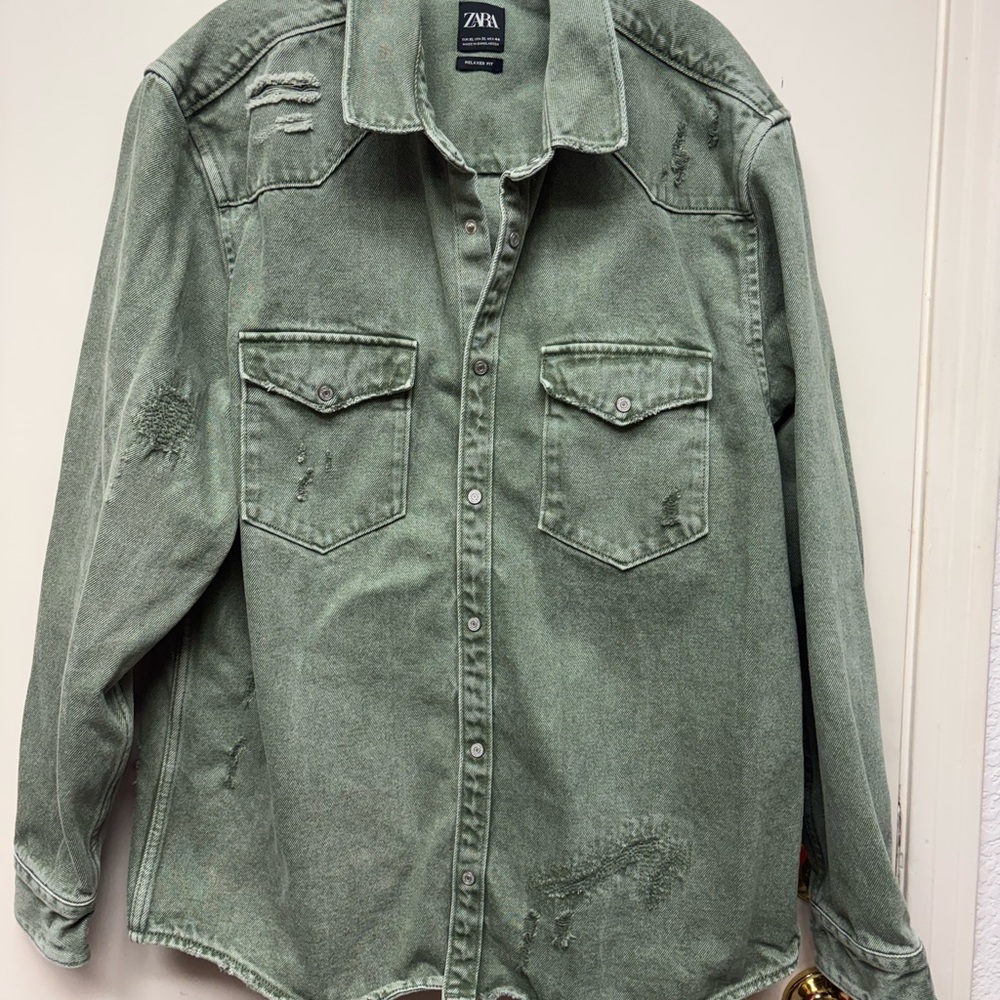 Zara sage green distressed denim shirt/jacket